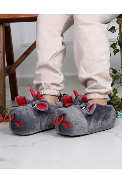 Phirus Cute Plush Slippers with Bull Figure – Gray | Comfortable, Quiet and Non-Slip Base