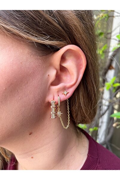 MODA Kadın Çelik Gold Renk Pembe Taşlı Yıldız Serenay Küpe Seti