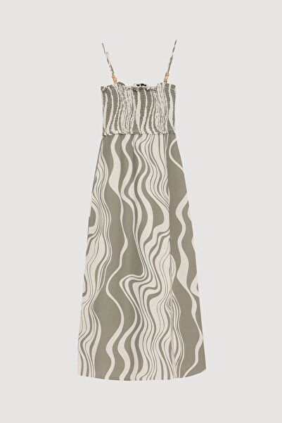 Quzu Beaded Strap Gimped Linen Dress Khaki Slit