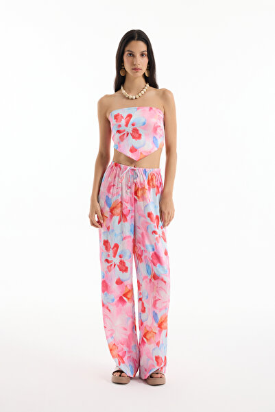 Quzu Floral Patterned Wide Leg Trousers Pink