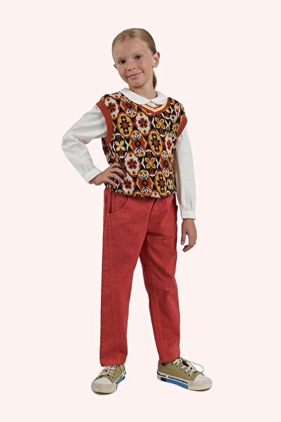 Panço Kız Çocuk Desenli Kiremit Süveter