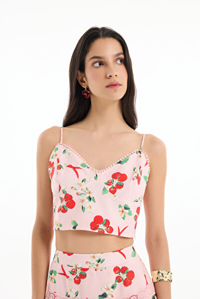 Quzu Domates Desenli Askılı Crop Bluz Pembe