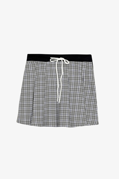 Quzu Plaid Waist Tie Pleated Mini Skirt Gray