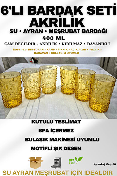 Avantaj Kapıda Set of 6 Acrylic Water Soft Drink Ayran Cups (Not Glass) – | Unbreakable |   Home and Business-Gift