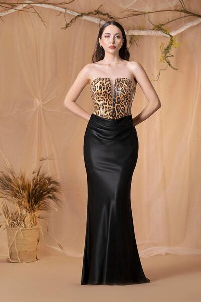 MAXXE 6050PSAT ÜSTÜ LEOPAR BÜSTİYERLİ ETEĞİ  DEGAJELİ SATEN ELBİSE