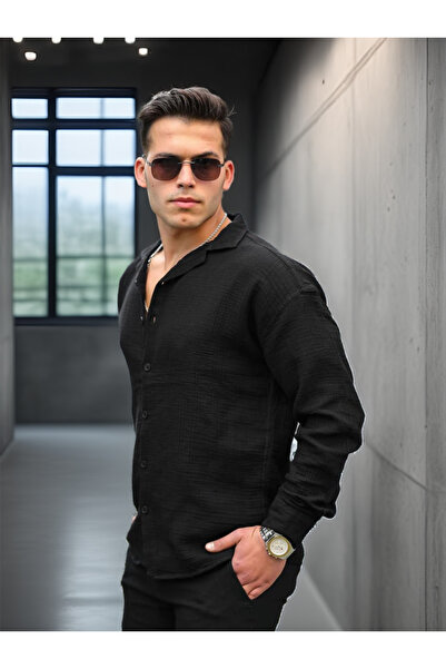 Valiberta Apache Collar Oversize Muslin Fabric Shirt - Black