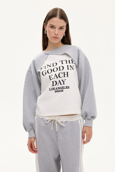 Quzu Світшот з коміром-стійкою та деталізованим принтом сірий