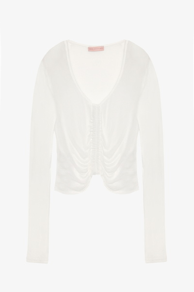 Quzu Front Gathered V-Neck Transparent Blouse Ecru