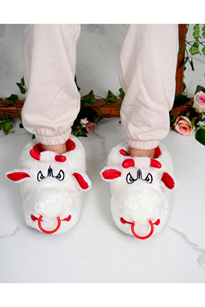 Phirus Boğa Figürlü Sevimli Peluş Panduf – Beyaz | Rahat, Sessiz ve Kaymaz Taban