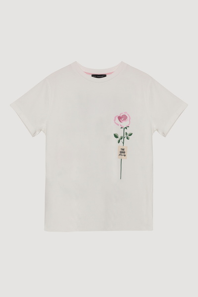 Quzu Βασικό μπλουζάκι εκρού με πολύχρωμο τριαντάφυλλο στάμπα και κείμενο στην πλάτη