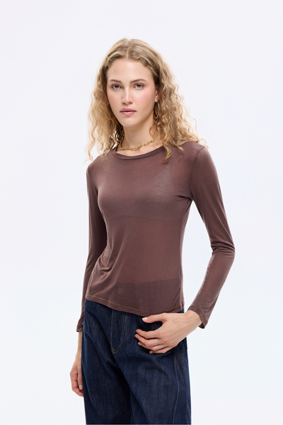Quzu Crew Neck Basic Blouse Brown