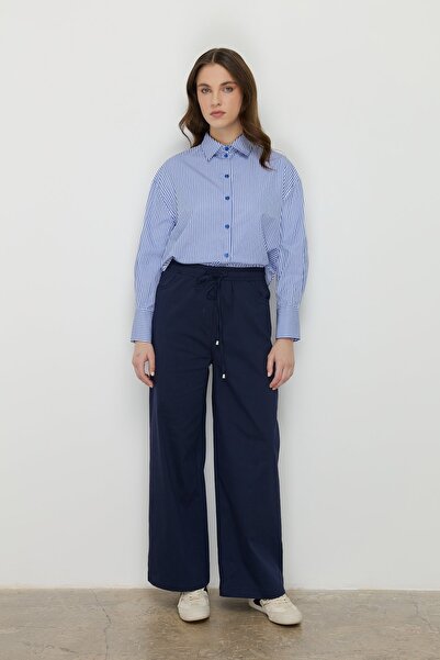 Nihan Beli Lastikli Bol Paça Kanvas Denim Pantolon Lacivert