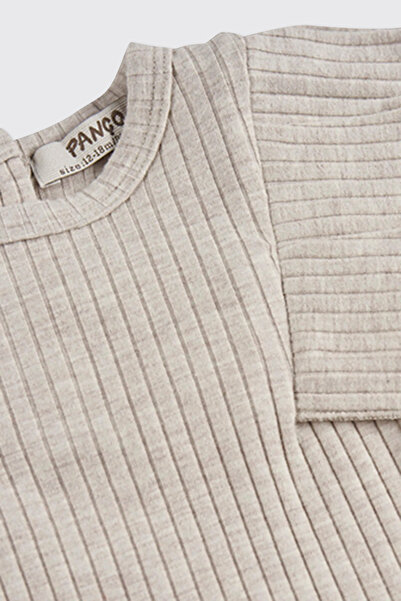 Panço Kız Bebek Kolları Fırfır Detaylı Bej-Melanj Tişört