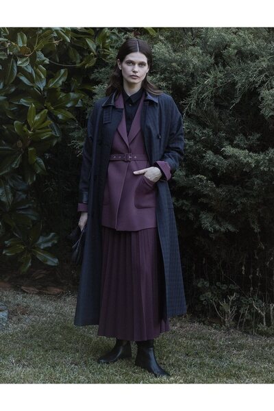 Kayra Şömizye Yaka Kaz Ayağı Desen Trençkot Siyah