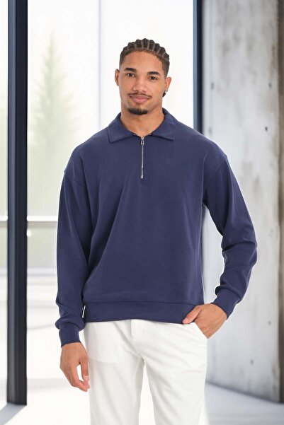 Valiberta Scuba Modal Fabric Relaxed Fit Half Zipper Polo Collar Men's Sweatshirt - Navy Blue