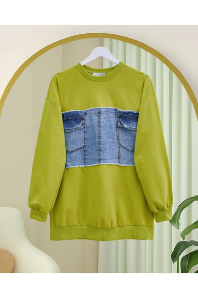 Modamorfo Round Neck Sweatshirt with Denim Pocket Detail on the Front - Oil Green