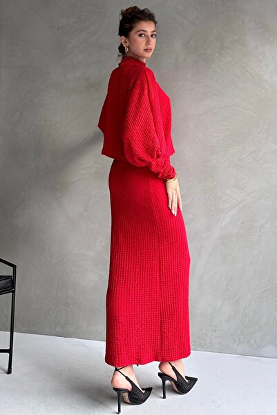 Fav Style Red Women's Set - Half Stand Collar Blouse and Long Skirt with Slit