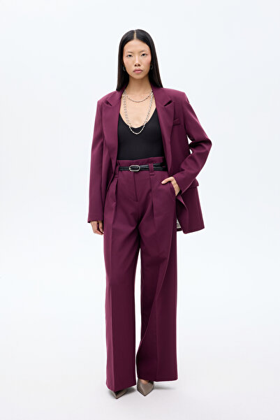 Quzu Belt Detailed High Waist Wide Leg Pants Plum
