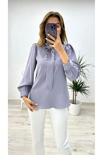 LOVELF Büzgü Kol Fularlı Gömlek Gri