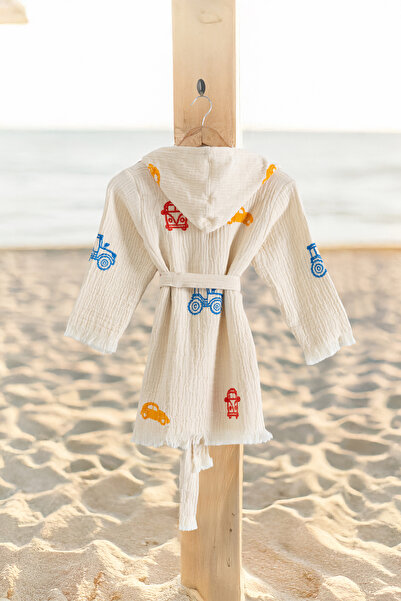 VAROL %100 Organik, El İşçiliği Taş Baskı Çocuk Bornozu - Trafik