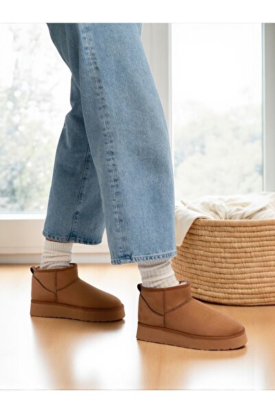 Ayakkabı Delisiyim Γυναικείες μπότες χωρίς κορδόνια με χοντρή σόλα Tan Heribo