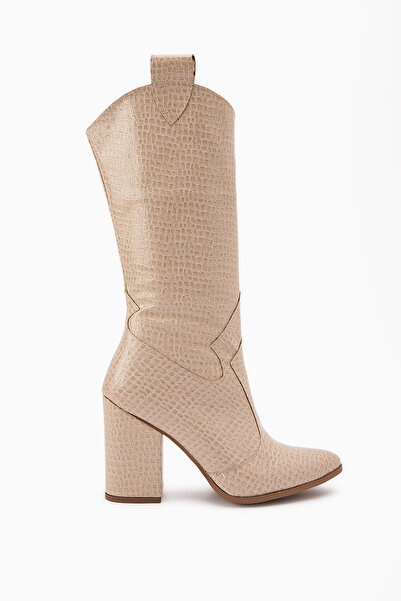 Limoya Keri Bej Kroko Asimetrik Kesim Topuklu Kısa Kadın Çizme