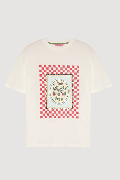 Quzu Renkli Damalı Kısa Kol Tişört Ekru