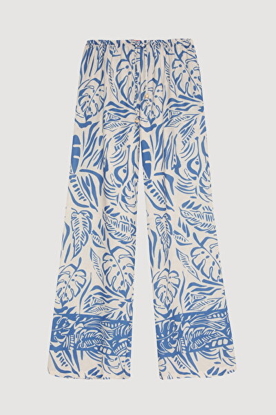 Quzu Colorful Wide Leg Trousers - Blue Leaf Pattern