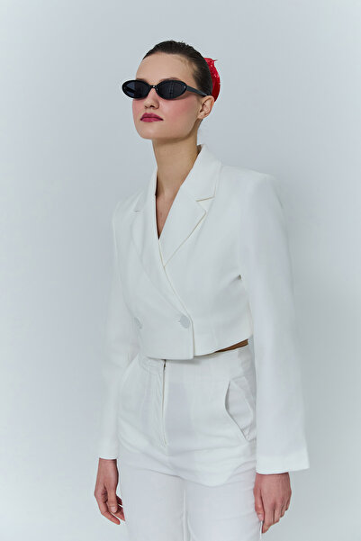 Quzu Крувазе Кроп Блейзер Жакет Екрю