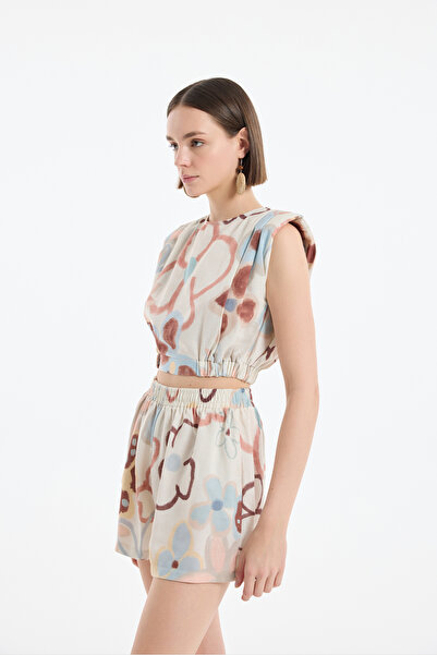 Quzu Beli Lastikli Desenli Keten Mini Şort Naturel