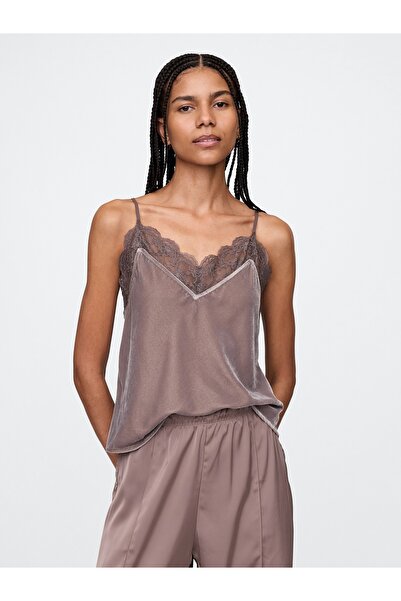 GAP Kadın Kahverengi Dantel Detaylı Kadife Cami Bluz