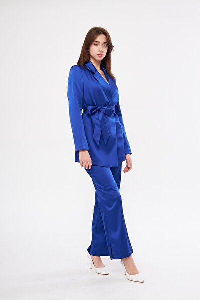 LOVELF Kuşaklı Saten Takım Saks