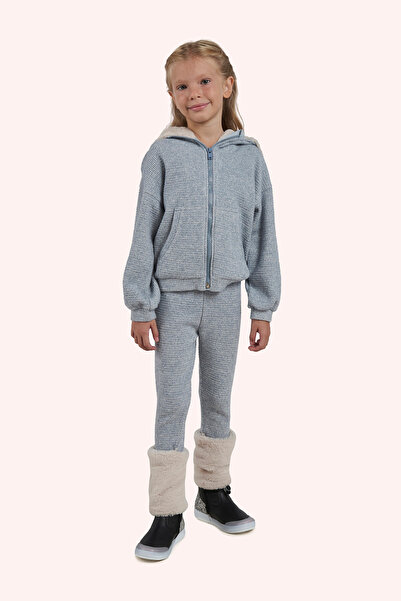 Panço Kız Çocuk Paçası Kürk Detaylı Mavi Örme Triko Tayt