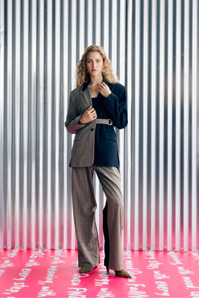 Quzu Plaid Garnished Wide Leg Trousers Navy Blue