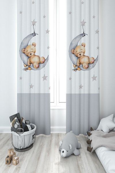 Generic Brand BABY AND KIDS ROOM Cute Bear Sleeping on the Moon Patterned 2 Wing Background Curtain