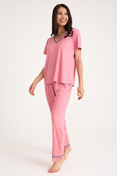 Amarelle Dream Pink Viscose V-Neck Lace Detailed Pajama Set