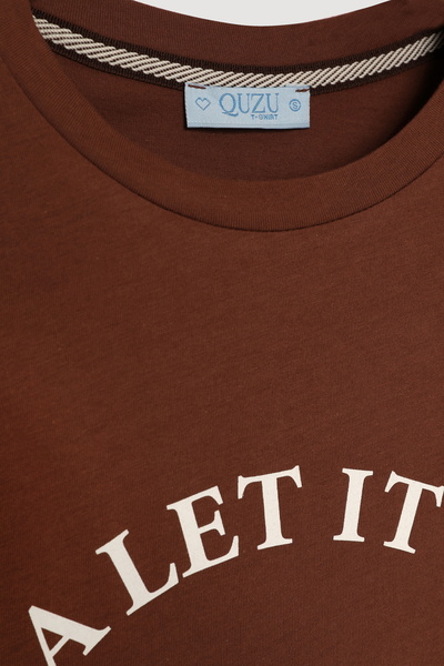 Quzu Spring Floral Short Sleeve T-Shirt Brown