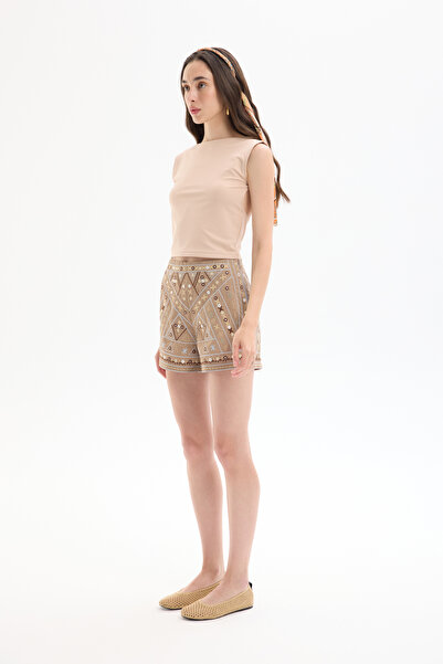 Quzu Etnik Nakış İşlemeli Pul Süslemeli Mini Şort Bej