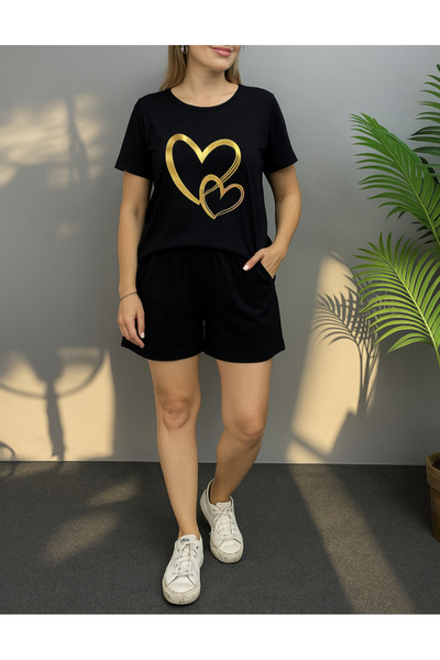 MİRALİS Women's Short Sleeve Crew Neck Viscose Two Thread Blouse and Short Do...