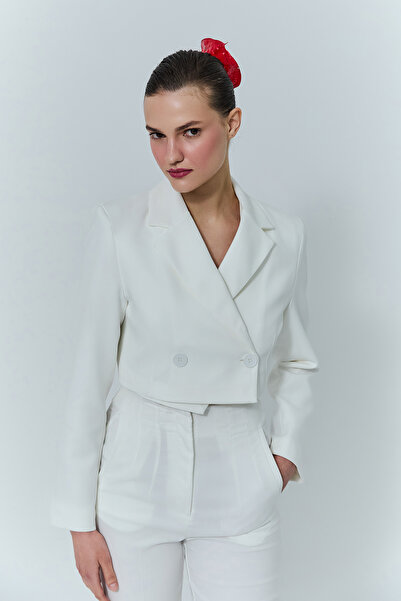 Quzu Крувазе Кроп Блейзер Жакет Екрю