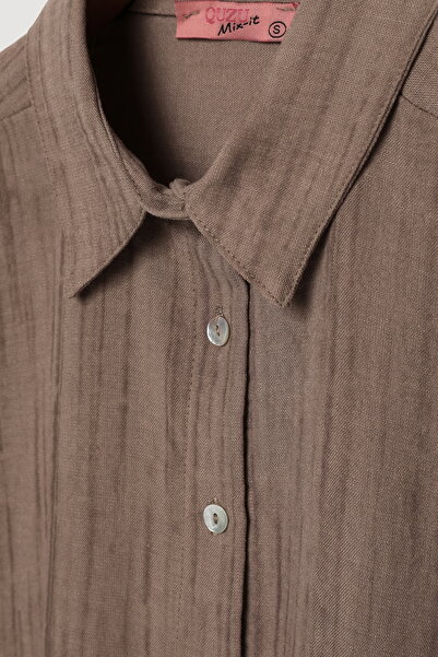 Quzu Dokulu Düğmeli Geniş Gömlek Kahverengi