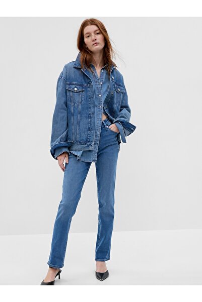 GAP Kadın Mavi Mide Rise Straight Leg Jean Pantolon