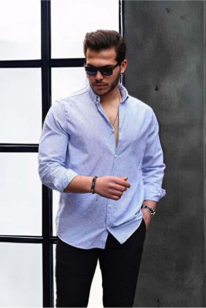 Valiberta Синя бавовняна сорочка - з вертикальними смугами та воланами