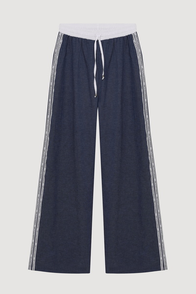 Quzu Side Stripe Written Denim Look Trousers Indigo