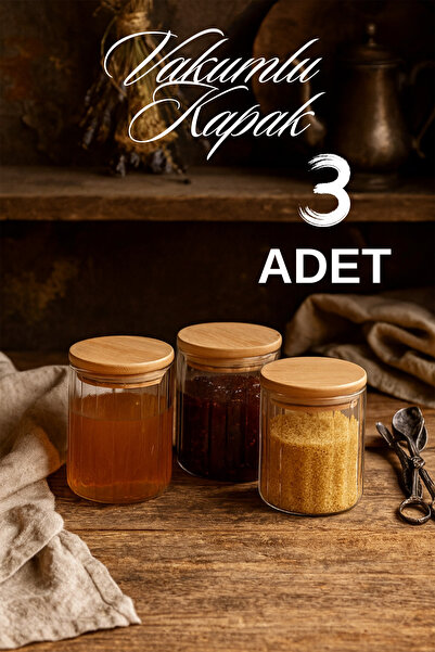 ZURİ DESİGN 3’lü Çizgili Cam Baharatlık Seti – Hava Geçirmez Bambu Vakum Kapa...