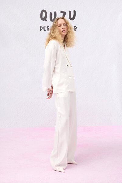 Quzu Elastic Waist Textured Loose Trousers Ecru