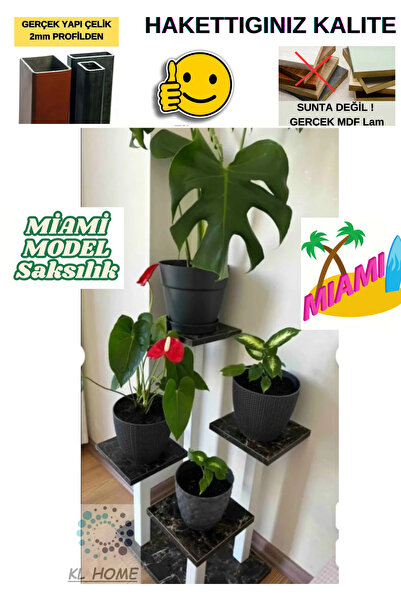 KL HOME Yeni Still Miami Model - Çok Katlı Metal Saksı Çiçek Bitki 4 Kat Saksılık Standı-MERMER SİYAH