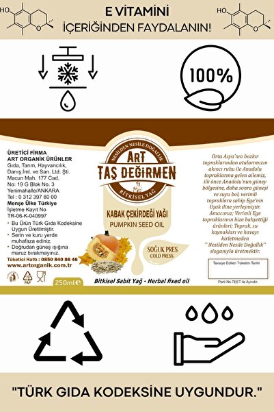 Art Taş Değirmen Soğuk Sıkım %100 Saf Doğal Kabak Çekirdeği Yağı [250 Ml]