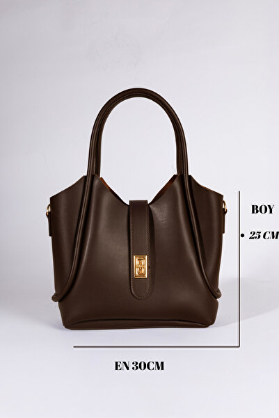 macsoo Дамска кафява чанта за ръка и рамо с заключващ се детайл и подвижна чантичка за гримове