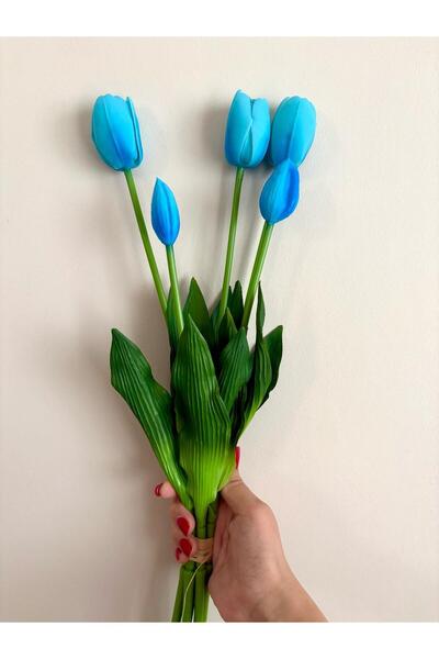 DEFORA Yapay Çiçek Islak Mavi Lale Islak Dokulu Kaliteli 45 Cm. 5 Dallı. ( 3 Çiçek 2 Tomurcuk)